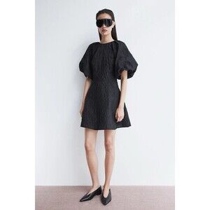 H&M Black Jacquard Weave Tie Back Puff Sleeve Dress Whimsigoth Dark Coquette NEW